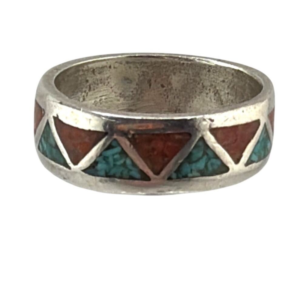 Vintage Native American Sterling Silver Geometric Chip Inlay Band 6